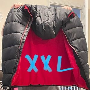 2xl puffer jacket, red and black